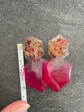 Handmade Pink Hexagon Resin Drop Earrings with Flower Petal Flakes